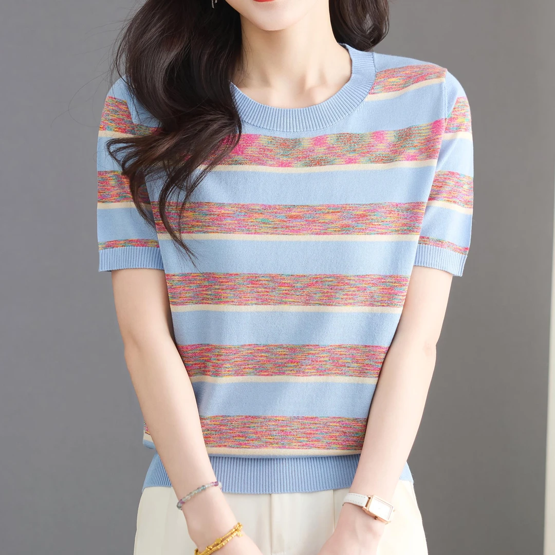 新款女士天丝圆领条纹设计时尚百搭宽松显瘦短袖上衣