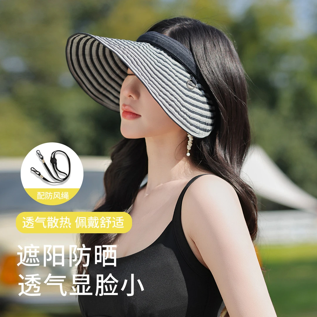 帽子女25春夏新款时尚百搭出游便携条纹空顶帽遮阳帽