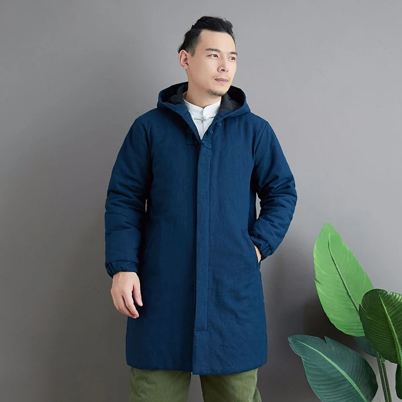 男士棉衣苎麻布料中长款连帽冬季外套中国风盘扣棉服加厚保暖棉袄