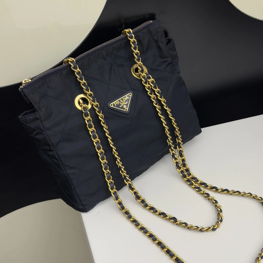 95新 Prada/普拉达 觅时/蓝金菱格纹25拉链降落伞/118749