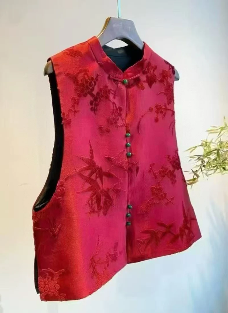 2025春季复古漳绒新中式新年红色马甲女国风立领洋气百搭坎肩外套