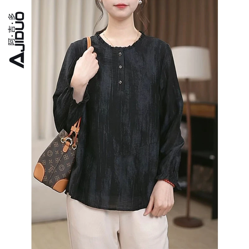 阿吉多A31359黑色长袖衬衫女春秋新款花边领洋气复古大码漂亮上衣