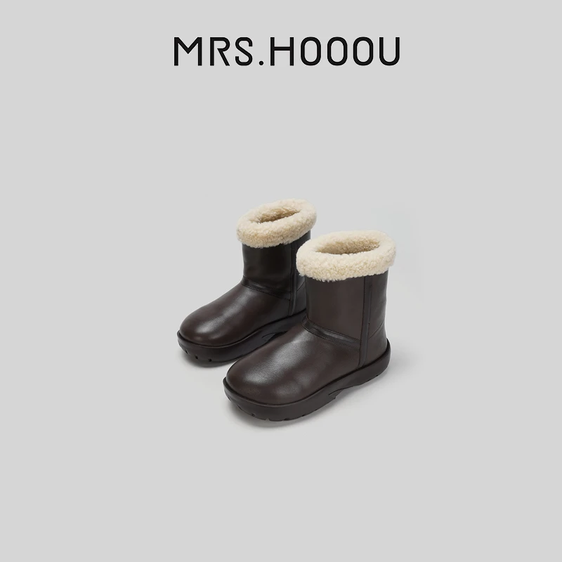 猴夫人 防水防污皮面厚底雪地靴女 加厚保暖羊羔毛短筒棉靴冬季