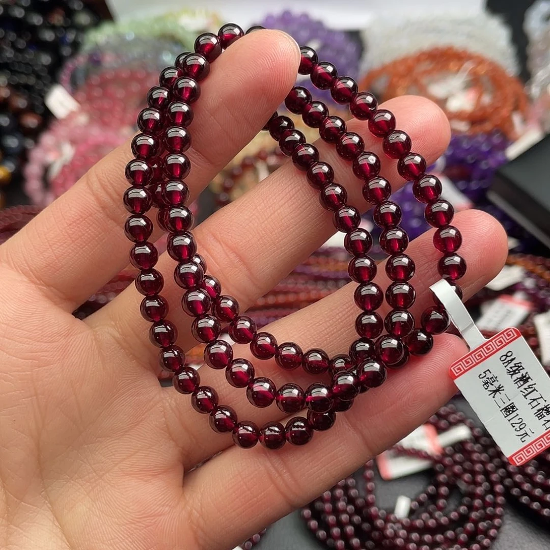 石榴石手链未镶嵌5毫米三圈酒红石榴石