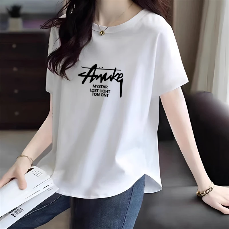 大码女装短袖T恤女夏季新款胖mm宽松显瘦设计感圆弧下摆半袖上衣