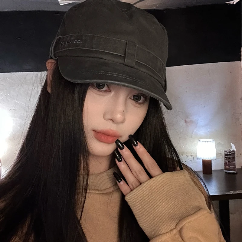 韩版复古牛仔黑色贝雷帽女休闲百搭秋冬鸭舌帽大头围显脸小帽子潮