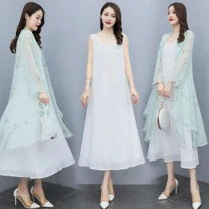 连衣裙披肩两件套春秋季新款印花无袖裙外搭披肩雪纺衫