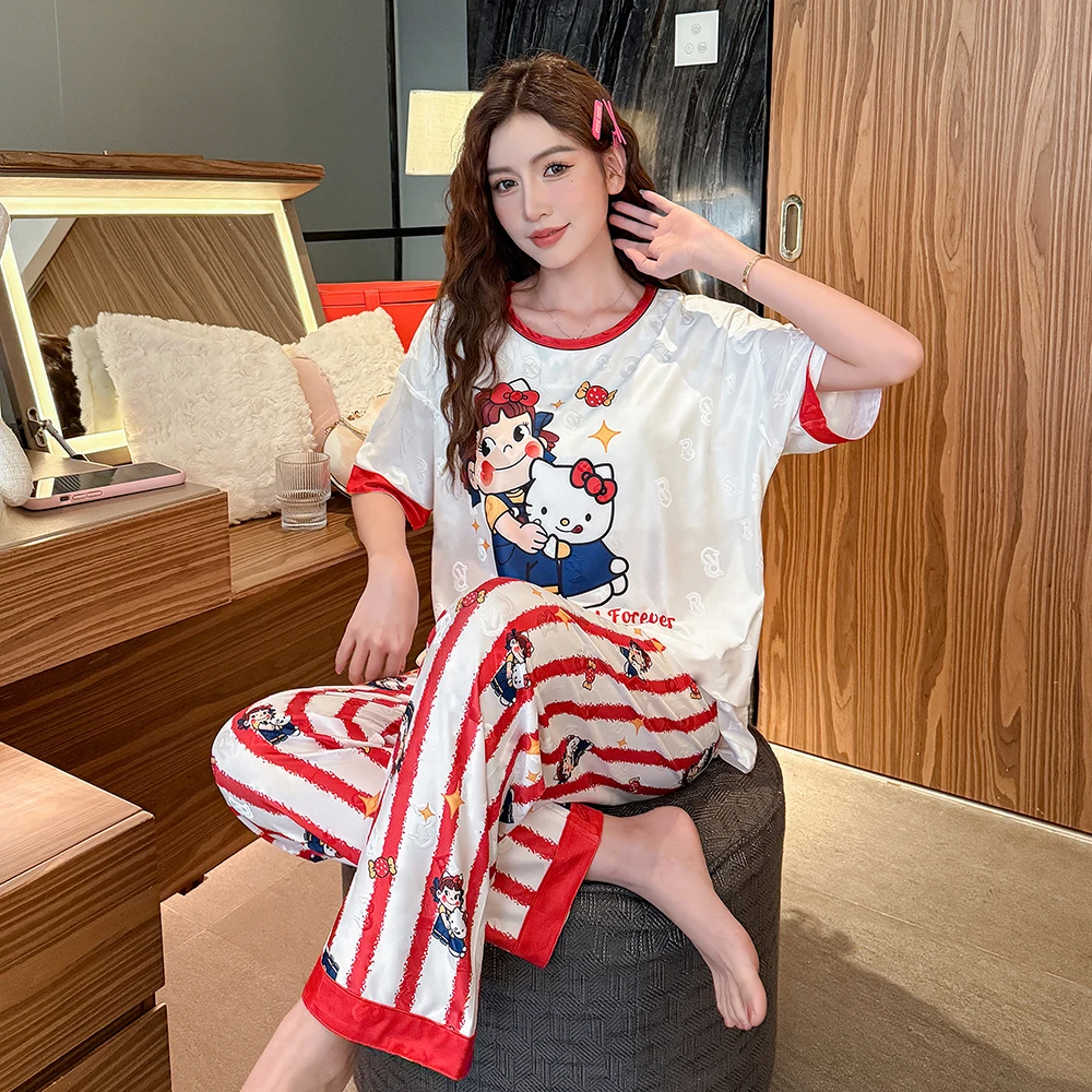 带胸垫夏季提花睡衣女短袖薄款三件套宽松卡通休闲家居服套装夏天