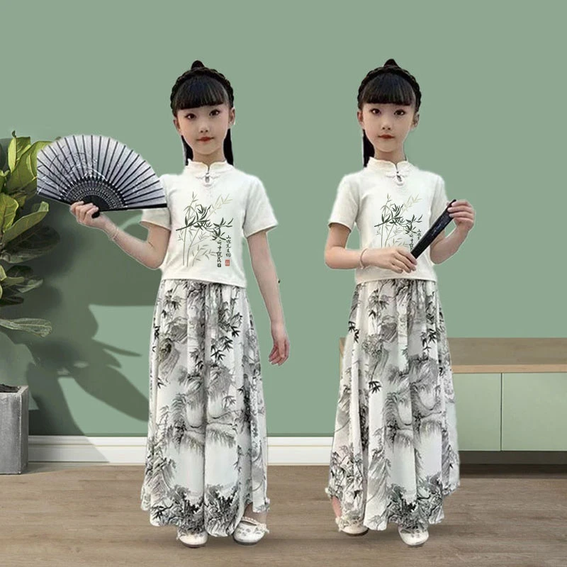 2025新款女童中国风短袖夏季儿童洋气汉服套装竹子裤裙两件套装