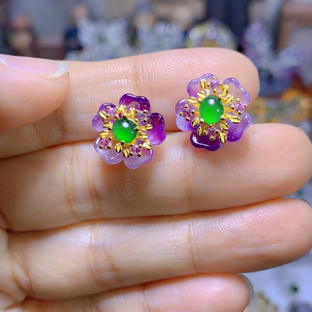 翡翠耳钉银S925镶嵌天然翡翠