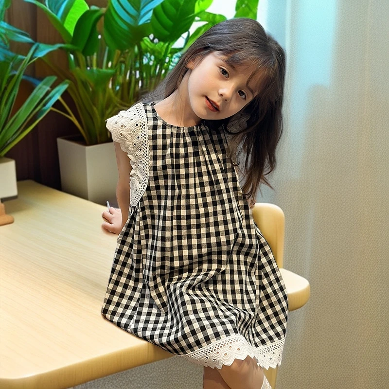 女童花边连衣裙韩版格子背心裙夏季儿童装宝宝裙子女孩公主裙薄款