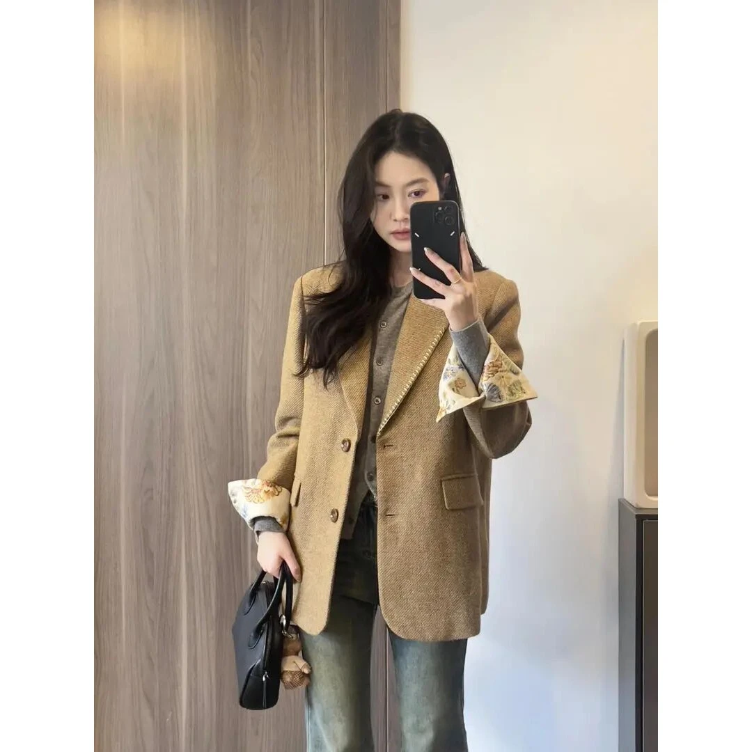 时尚小众气质百搭宽松显瘦外套上衣西装女士复古新款高腰牛仔长裤