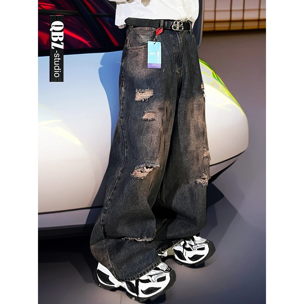 QBZ春夏巴黎深色破洞阔腿牛仔裤垂坠感慵懒高级感宽松设计潮牌男