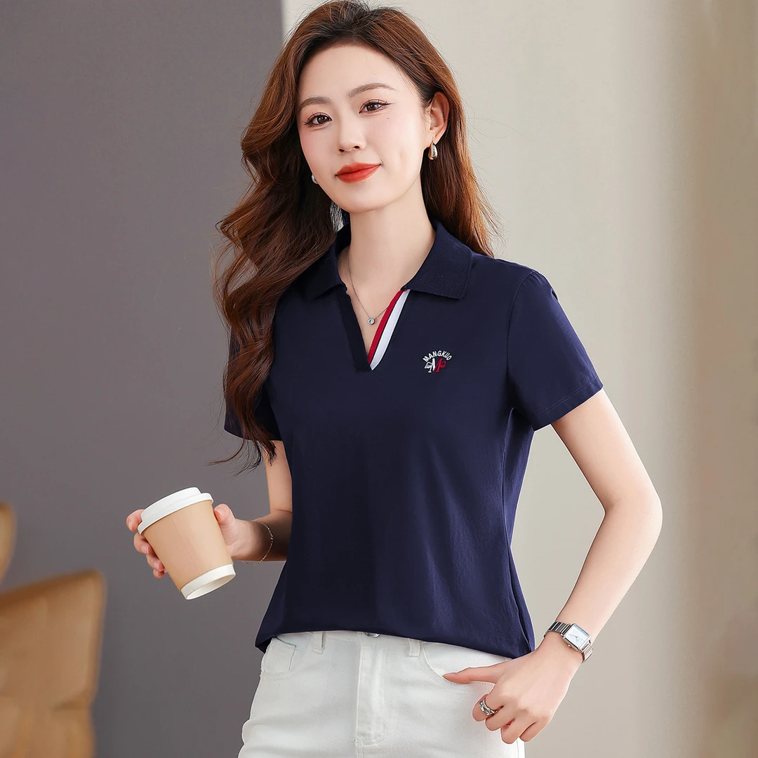 正肩POLO衫上衣女夏季女装2025爆款时尚洋气翻领短袖t恤带领上衣