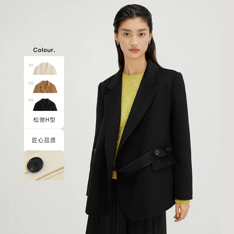 【达人专属】翻边装饰通勤短款毛呢大衣双面呢大衣女士DDQ4AD5225