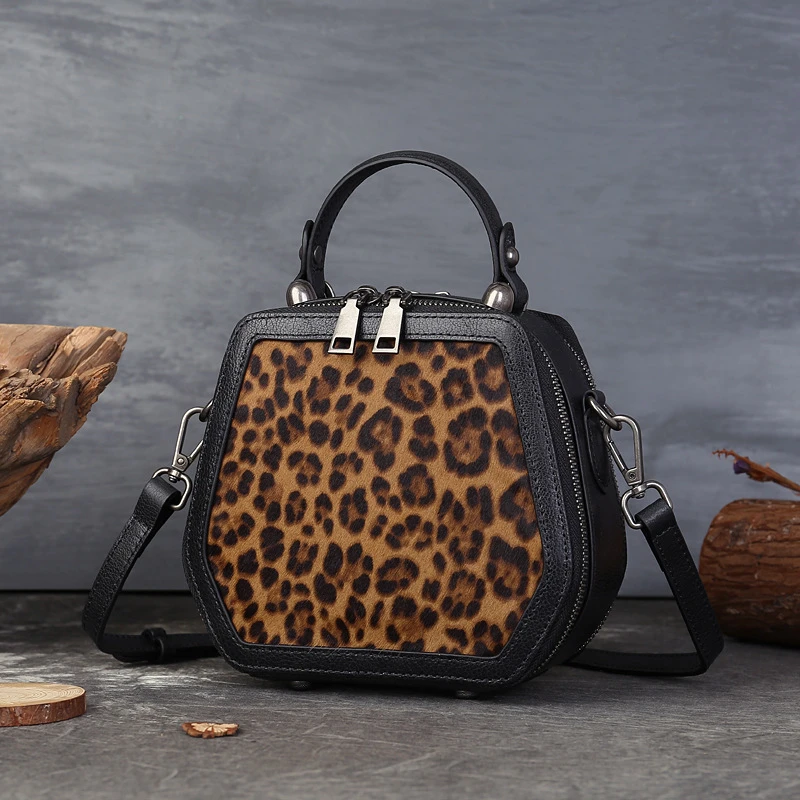 新款专供真皮复古盒子包头层牛皮拼马毛豹纹手提包小拎包
