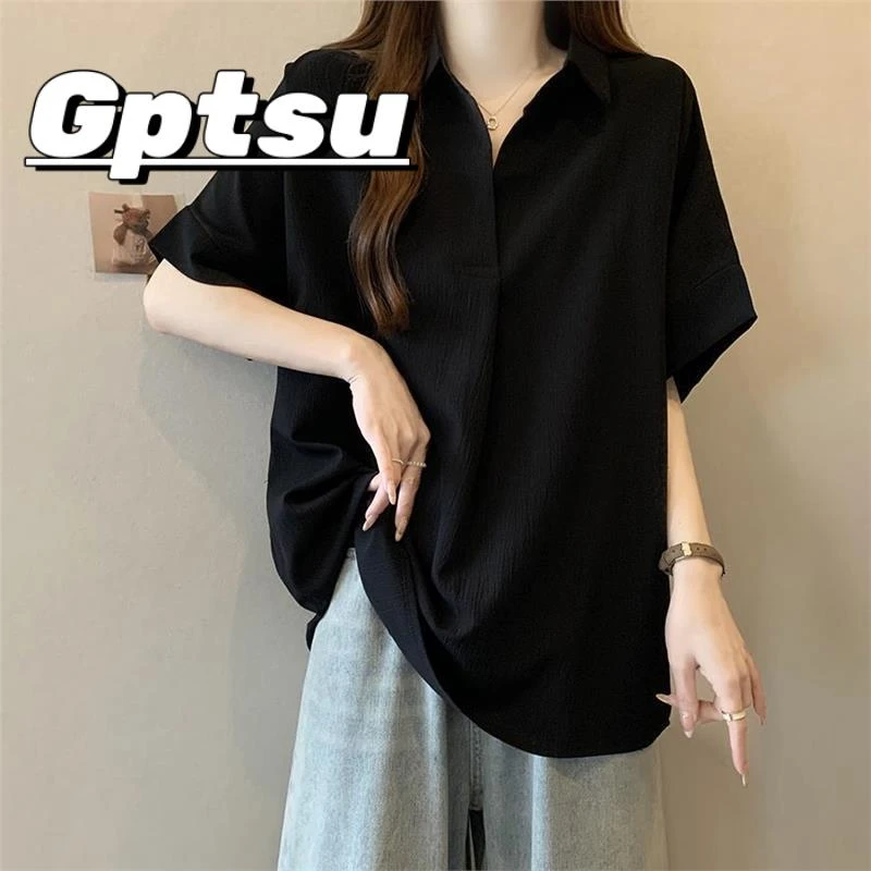 GPTSu大码高级感黑色短袖衬衫女夏季宽松胖显瘦遮肚子领衫上衣