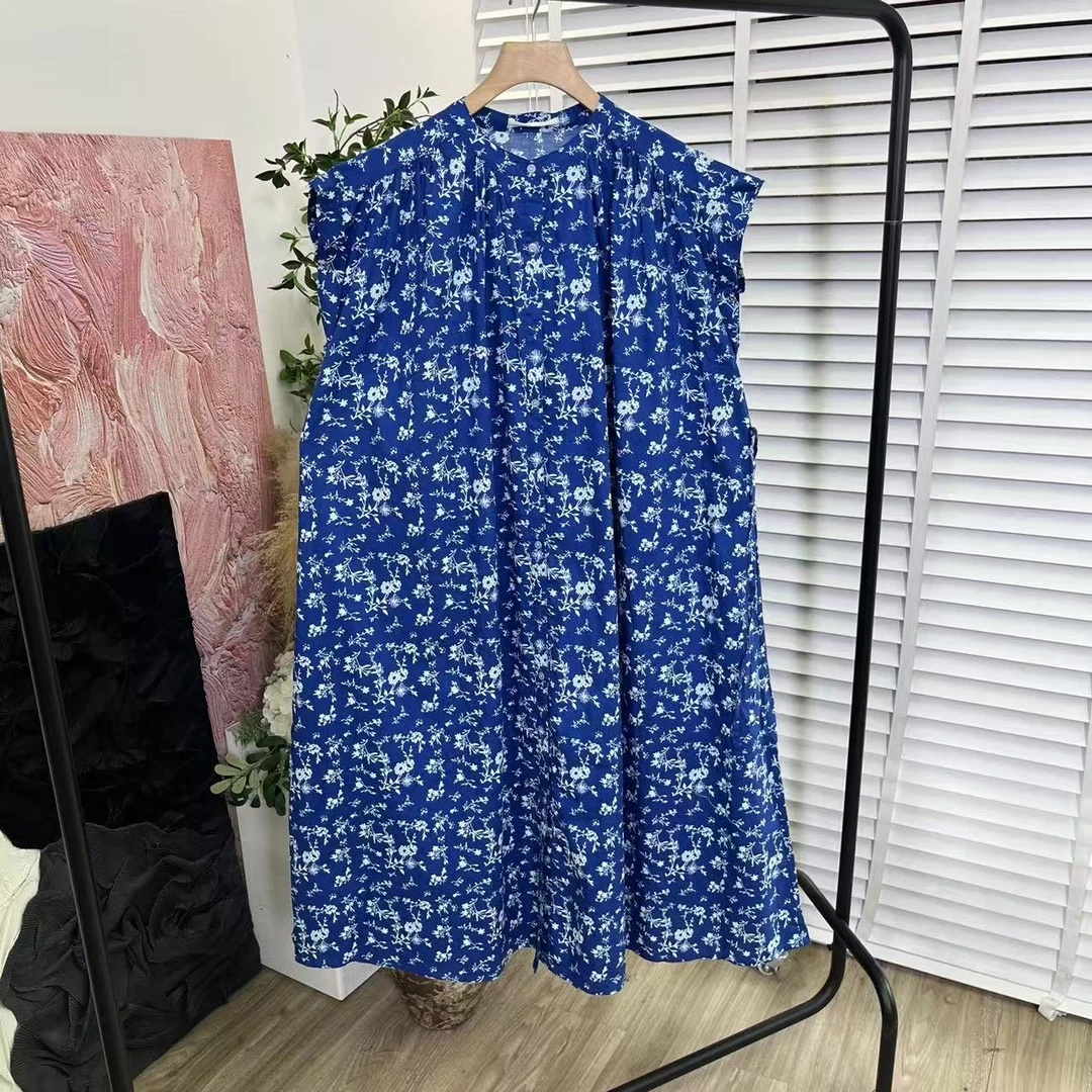 日系水洗文艺「碎花宽松单排扣」圆领连衣裙E5545