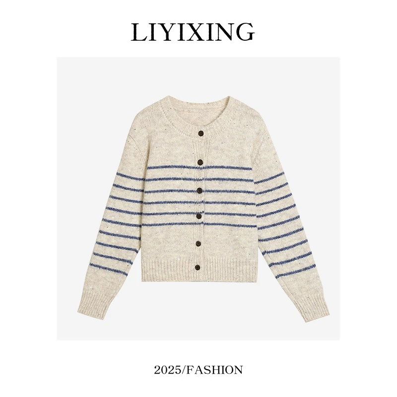《李易行》时尚气质设计感条纹亮片针织上衣6909