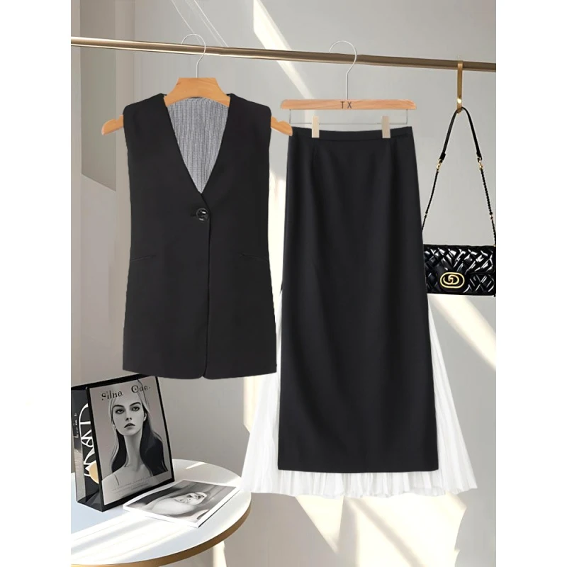 轻熟风早秋季新款气质女神高端马甲拼接舒适半身裙时尚减龄两件套