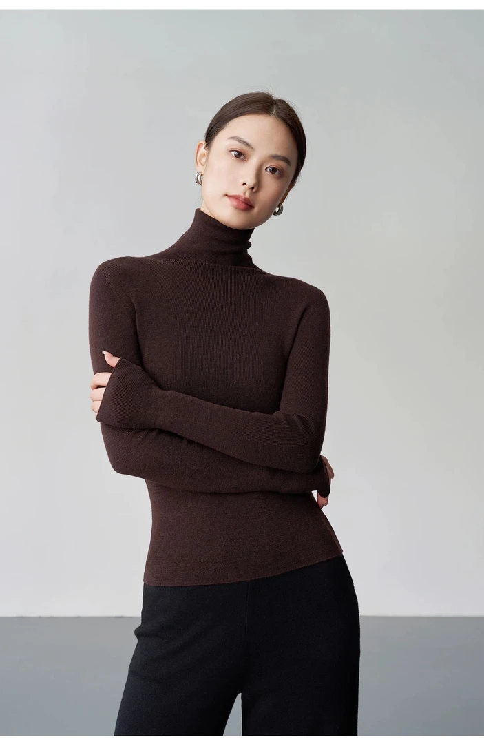 美丽诺60支羊毛18针无缝精纺纯色时尚百搭修身打底高领套头打底衫