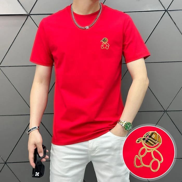 红色压花烫印t恤男韩版个性时尚夏季圆领上衣服潮流修身男士短袖