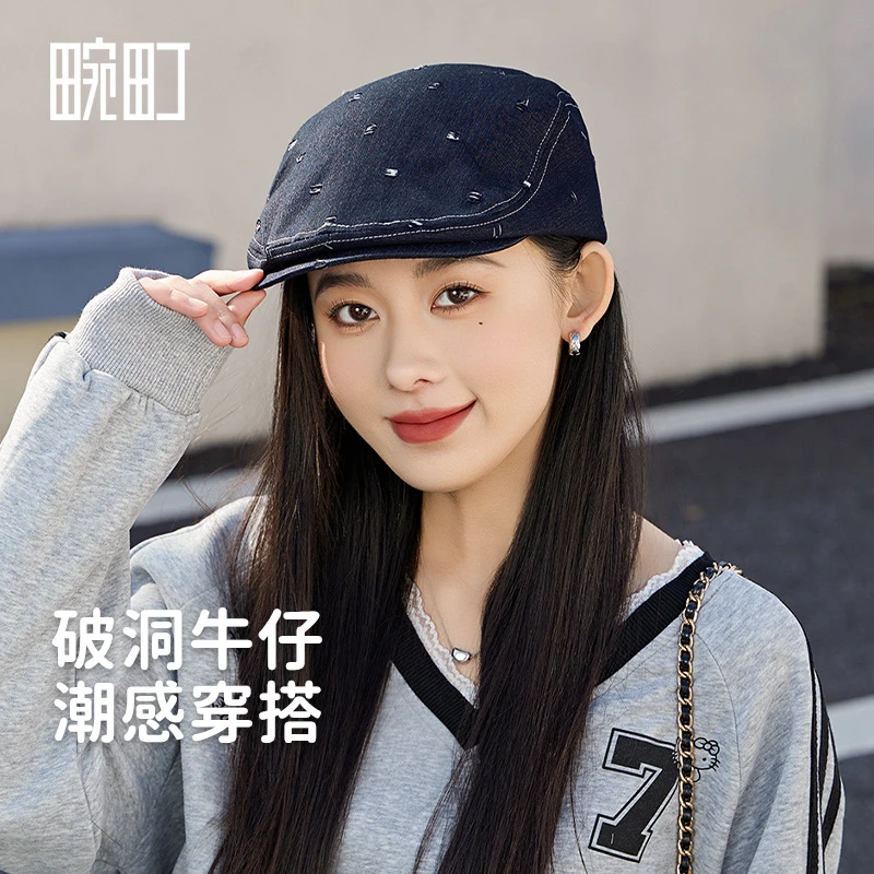 畹町牛仔前进帽女25年春季时尚复古破洞潮流贝雷帽显脸小画家帽子