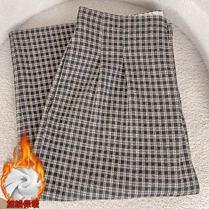加绒2025秋冬新款复古格子裤女款松紧垂感宽松加厚显瘦经典阔腿裤