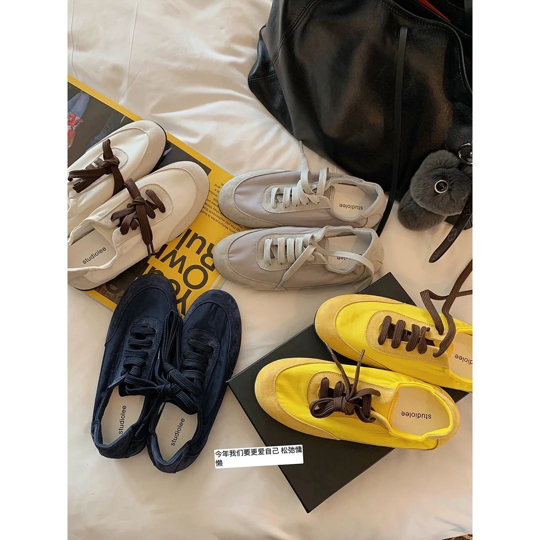 葡萄妈同款拼色舒适休闲运动鞋真皮平底复古真皮德训鞋女同款