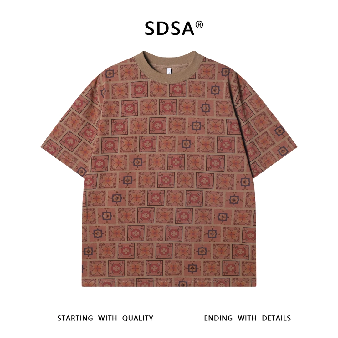 夏季高级感新款美式格子花纹图案短袖T恤百搭简约宽松圆领上衣