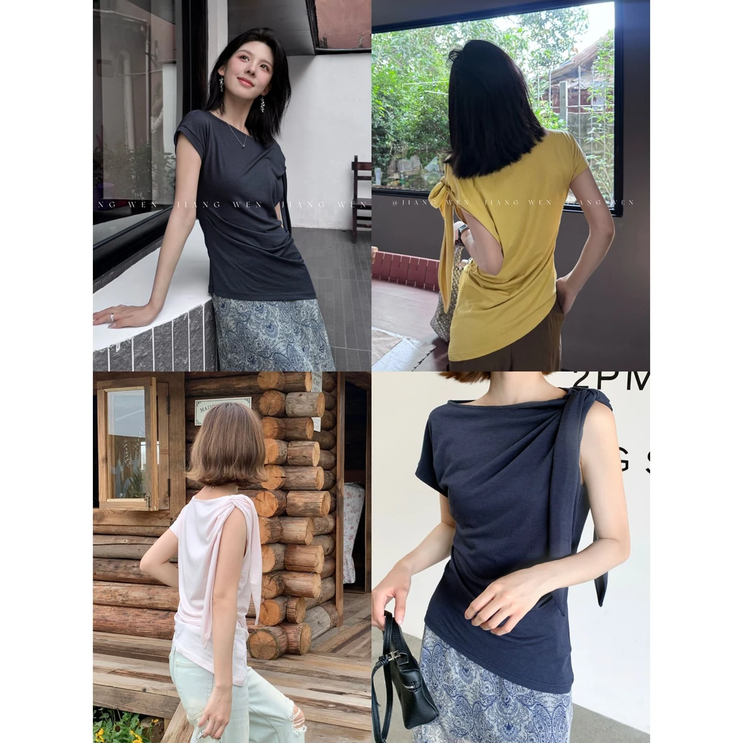 【绑带TEE】不规则的一字领斜肩绑带T