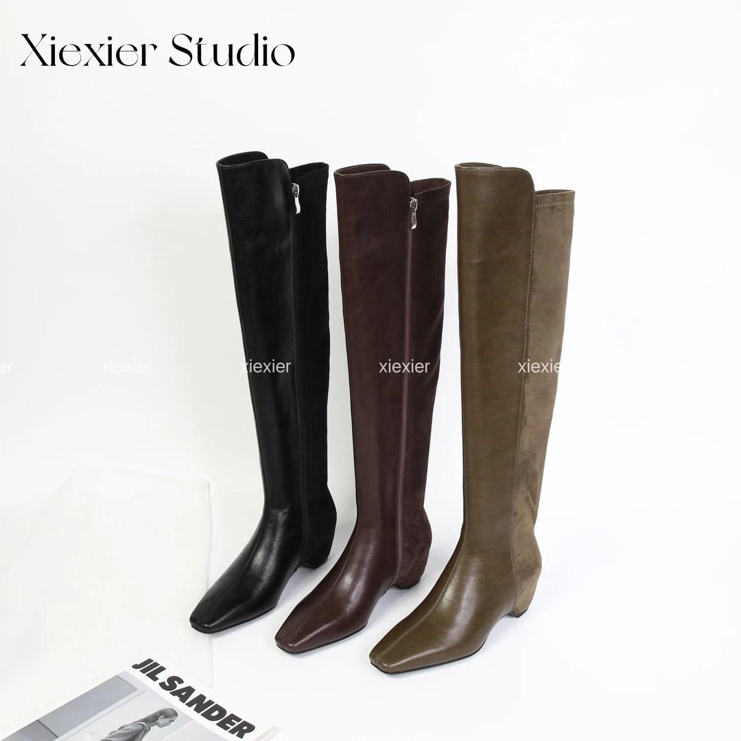 谢喜儿 | 极简风过膝瘦瘦靴内增高方头弹力靴中高跟高筒长靴