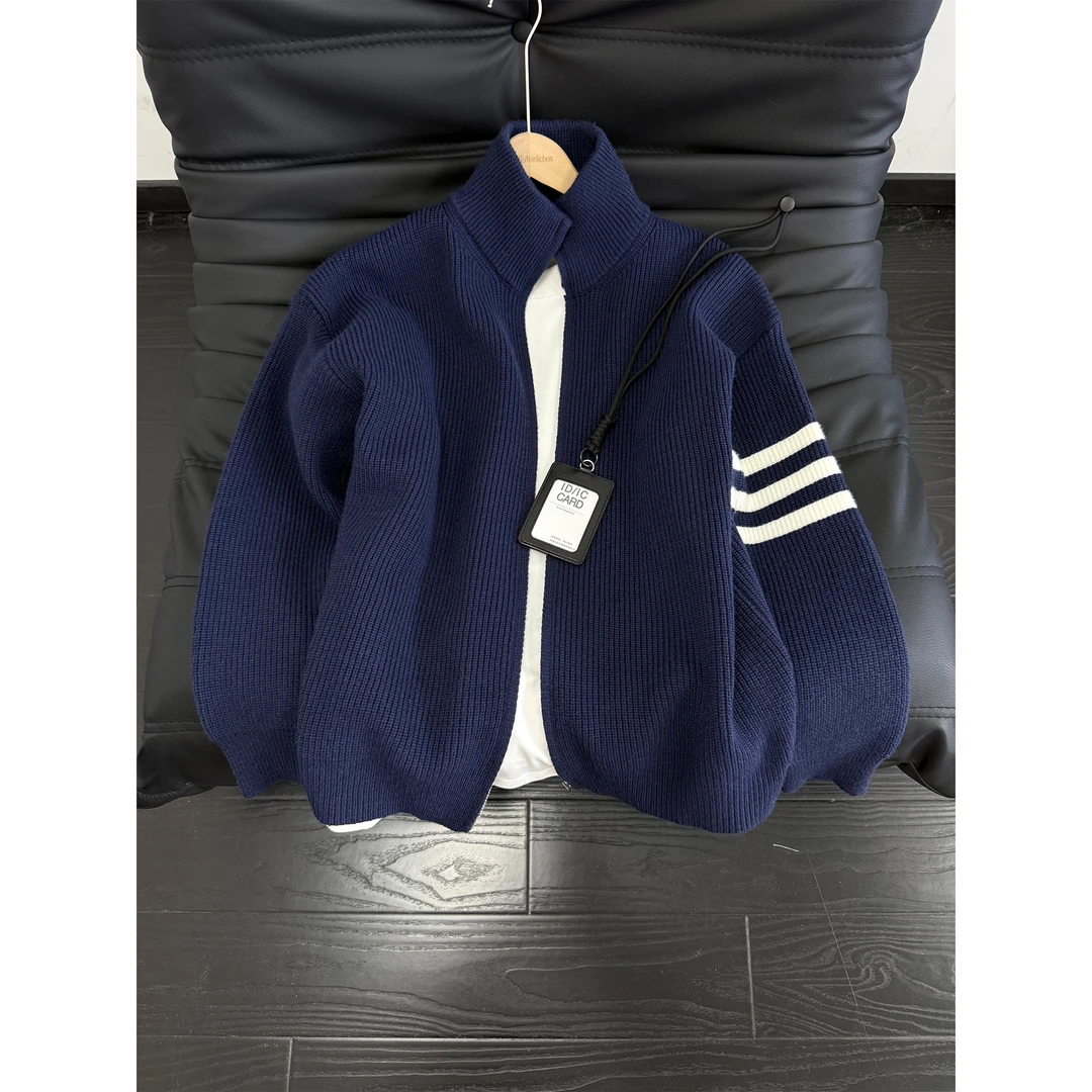 藏青色双拉链开衫毛衣男款秋冬美式三条杠休闲针织衫外套立领夹克