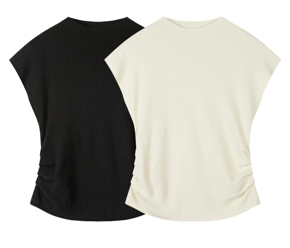 100%莱赛尔修身半高领褶皱收腰坎肩上衣