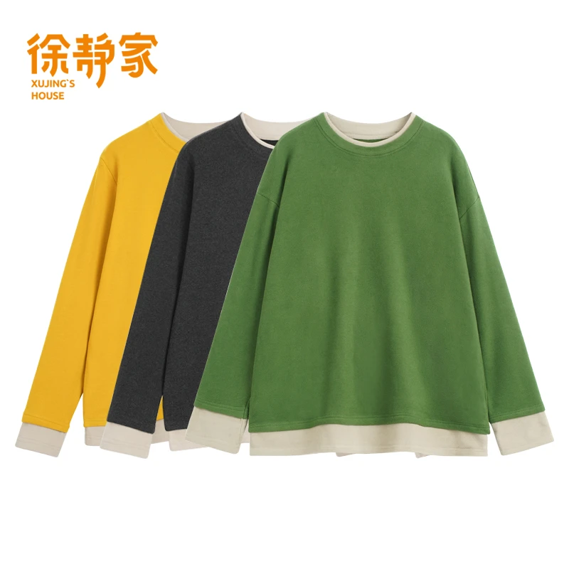 徐静家假两件加厚磨毛T恤女冬季新款韩范宽松内搭上衣4590019