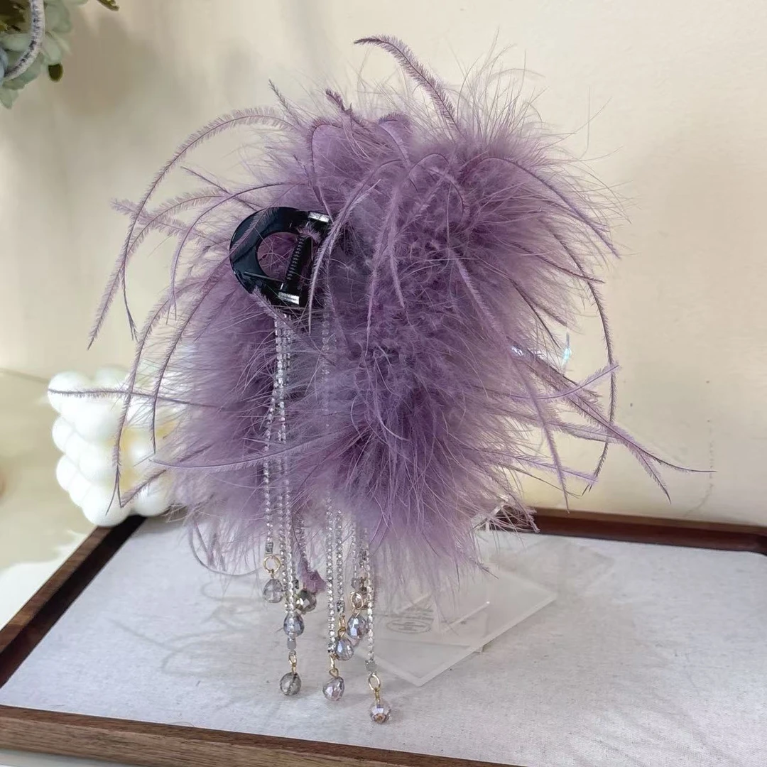 超仙流苏羽毛~ins风鸵鸟气质高级感夾子毛毛鲨鱼夹后脑勺发夹