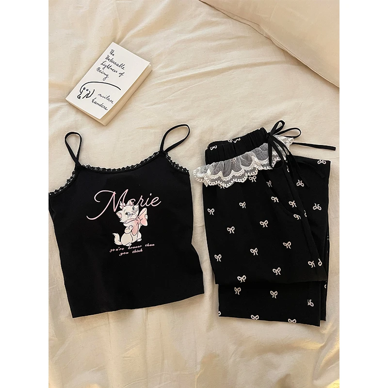 【蝴蝶结玛丽猫】韩系卡通印花款吊带睡衣女夏季新款长裤家居服套装