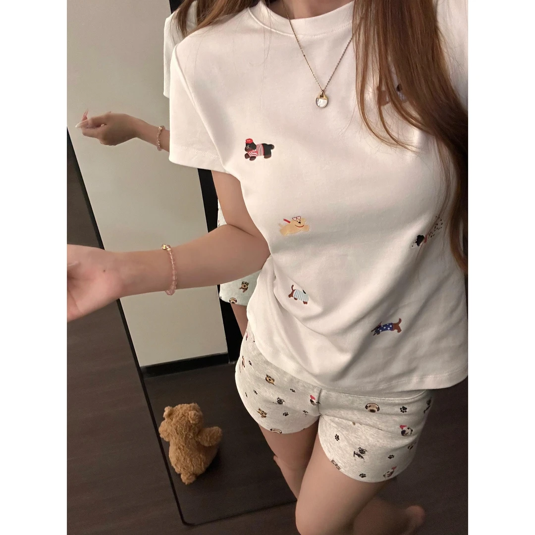 韩系卡通小狗印花睡衣套装女士夏季新款休闲短袖短裤家居服两件套
