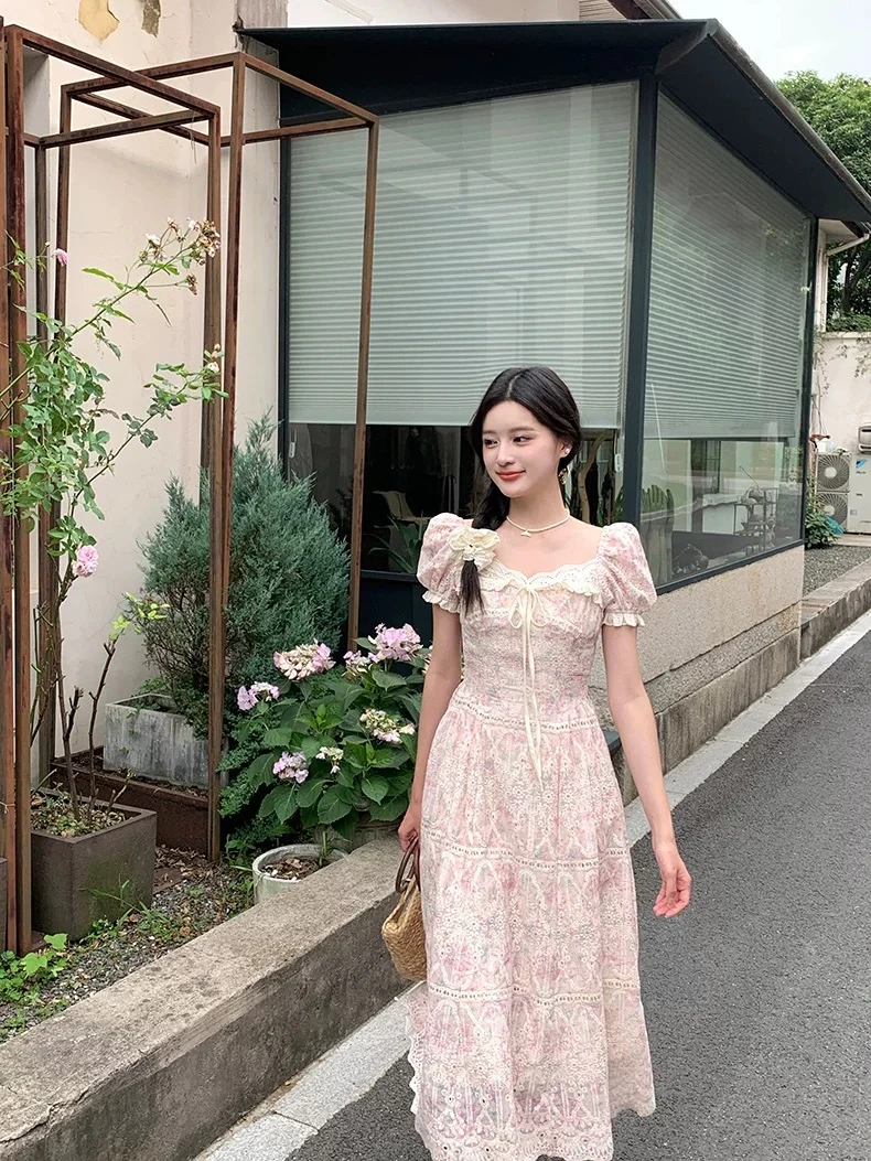 粉色公主碎花连衣裙子女夏季2025新款法式温柔风气质收腰长裙3342
