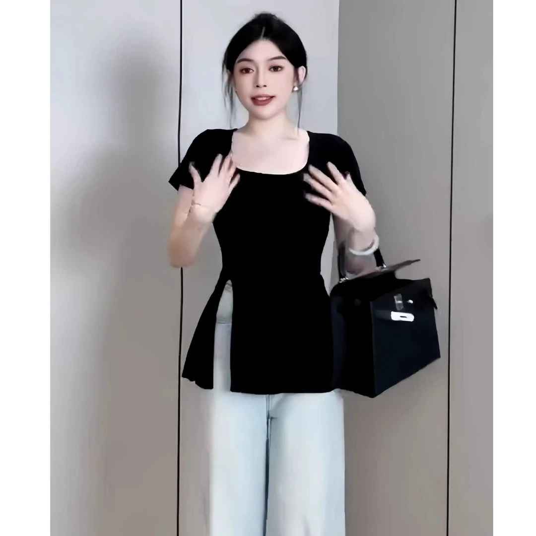 200斤大码开叉设计感U领针织短袖t恤女夏季胖mm别致绝美小上衣