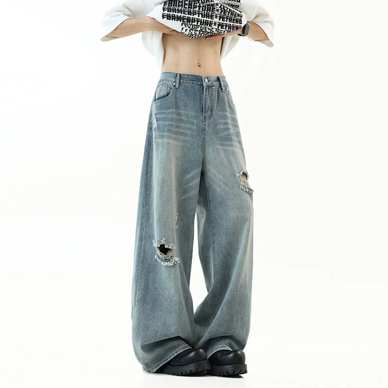 品牌美式高街vibe微喇牛仔裤男2025春夏新品潮牌痞帅直筒破洞长裤