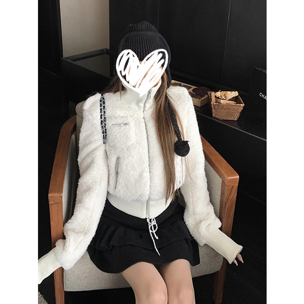 韩系简约立领毛毛外套女秋冬新款宽松休闲ins时尚加绒羊羔毛开衫