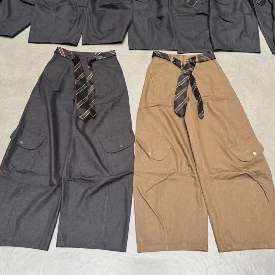 013复古高腰直筒工装阔腿裤配腰带百搭宽松休闲长裤
