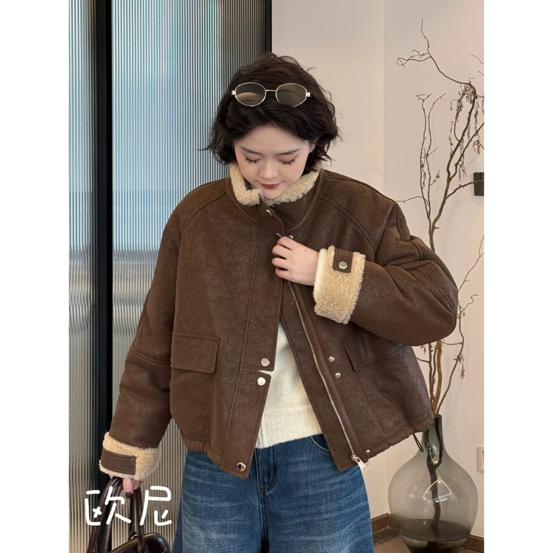 皮毛一体羊羔毛外套女2025新款冬季麂皮绒夹克羊羔绒骑行机车服