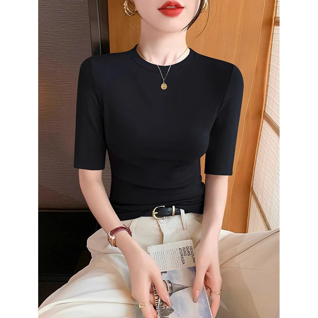 2025年夏季新款高级感圆领五分袖针织衫宽松显瘦气质T恤上衣女装