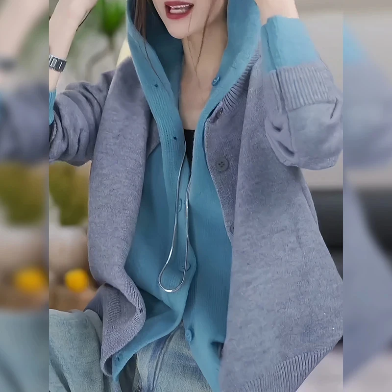 撞色假两件毛衣开衫显瘦气质连帽上衣春季新款小众洋气百搭设计感