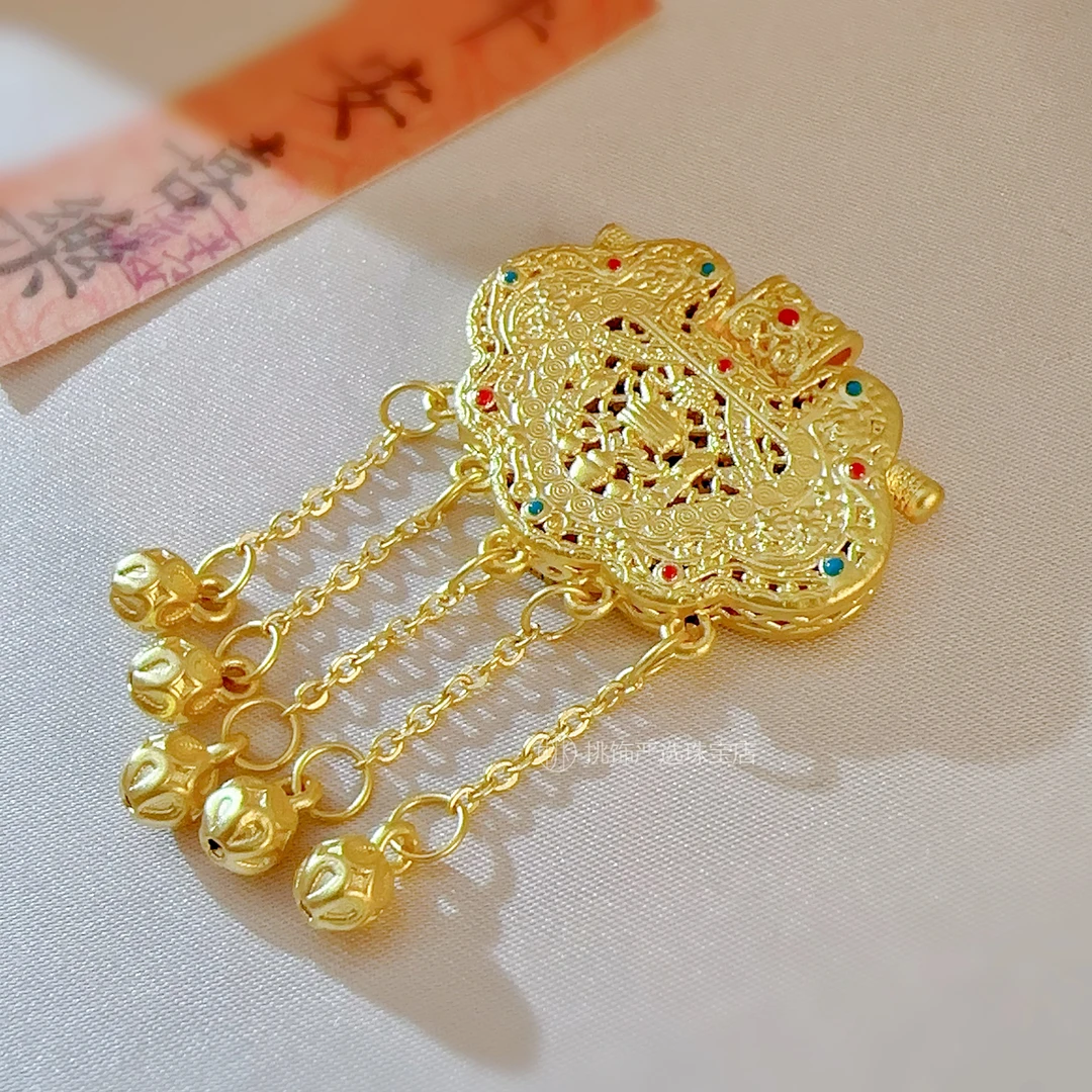 足金999天子门生锁包 流苏如意吊坠黄金龙凤呈祥挂坠 复古国潮
