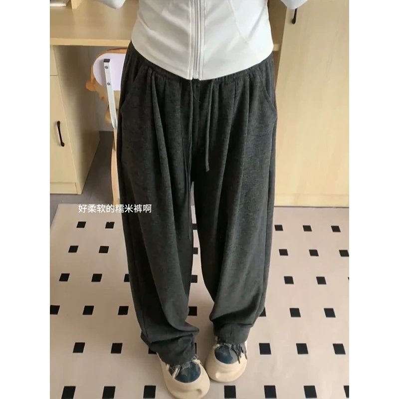 大码秋季显瘦糯米裤新款垂坠感阔腿裤女显腿长韩版高腰抽绳休闲裤