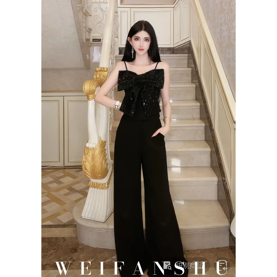 WEIFANSHU/魏凡舒【都市时髦】春夏新款蝴蝶结吊带细闪身显瘦套装