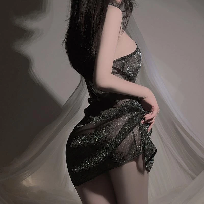 纯欲风吊带睡袍火辣开叉情侣战袍纯欲闷骚性感深系带银丝包臀睡裙